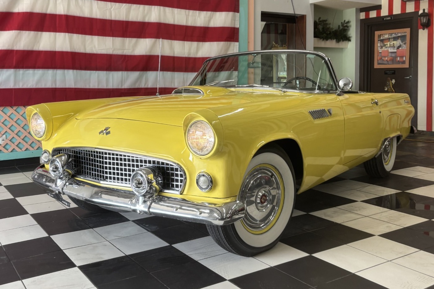 This 1955 Ford Thunderbird is powered by a 292ci V8 paired with a three-speed Fordomatic automatic transmission, and it was previously refinished in yellow over black and yellow vinyl. Equipment includes a black soft top, a heater, an AM radio, chrome bumpers…