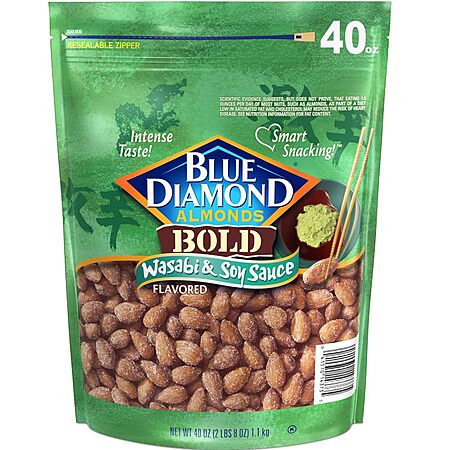 Amazon [amazon.com] has *40-Oz Blue Diamond Almonds BOLD Snack Nuts *(Wasabi & Soy Sauce) for $11.65 - 5% when you check out via Subscribe & Save = *$11.07*. 
*Shipping is free* with Prime or on $35+...