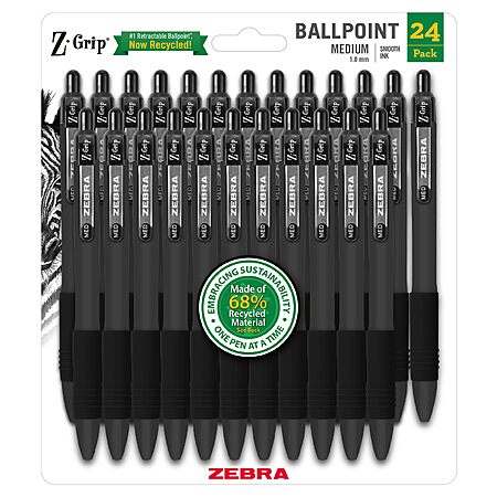Amazon [amazon.com] has *24-Count Zebra Pen Z-Grip Recycled Retractable Ballpoint Pens* (1.0mm, Black Ink) for $8.99 - $4 when you 'clip' the coupon on product page = *$4.99*. *Shipping is free* with...