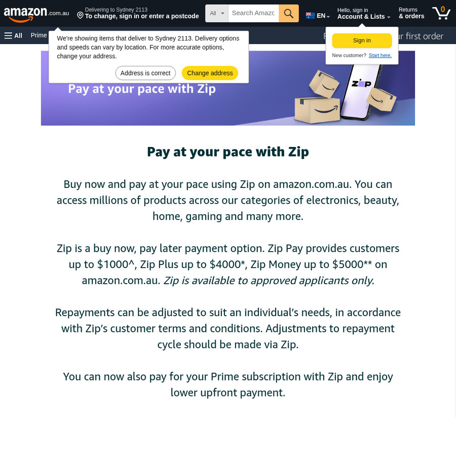 Add $150+ of eligible items to Amazon AU cart. At checkout, select Zip Pay, Zip Plus, or Zip Money as your payment method. Apply promo code ZIPPBDD15 to get $15 off your order. Must be a Prime …