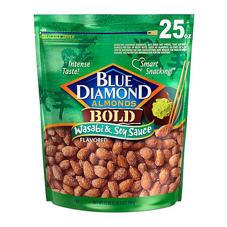 Amazon [amazon.com] has *25-Oz Blue Diamond Almonds Snack Nuts *(Wasabi and Soy) for $9.98 - $3.89 at checkout - 5% when you check out via Subscribe & Save = *$5.59*. 
*Shipping is free* with Prime...