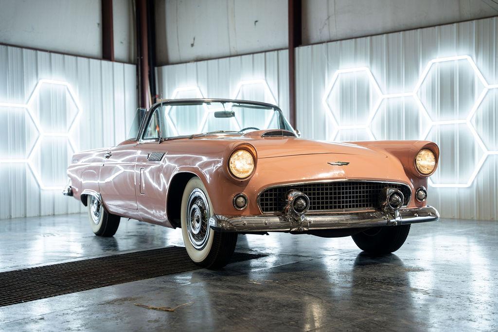 This Sunset Coral 1956 Ford Thunderbird was previously part of the Jim Miller collection, and it now shows just under 49k miles. The car has a black-and-white upholstery, a black soft top, power brakes and steering, a power-adjustable seat, power windows, and…