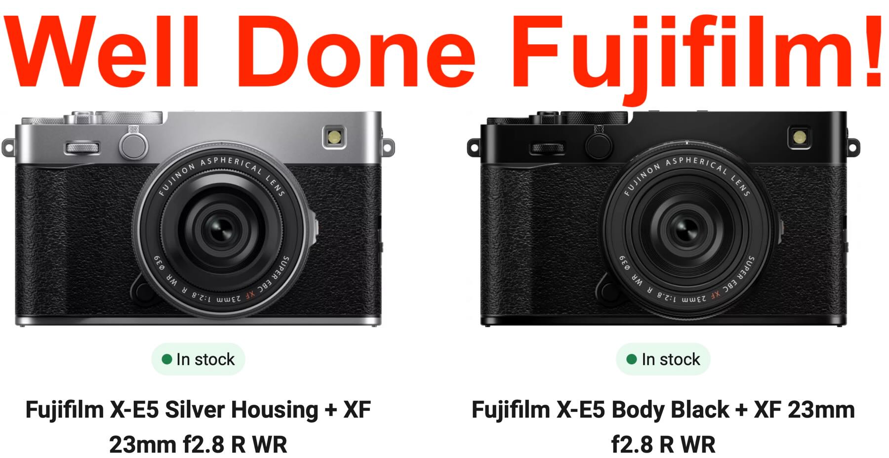 The Fujifilm X-E5 with XF23mmF2.8 kit is now in stock at several European stores such as Amazon IT here, and shipping in just a few days at Amazon DE here, Amazon UK here and Amazon FR here, Also other stores have stock such as WexPhotoVideo UK here, Foto-Erh…