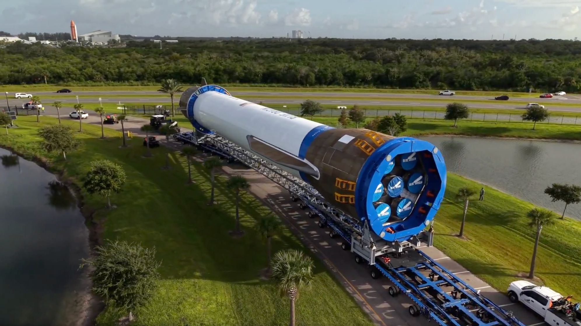 Blue Origin rolled the first stage of its powerful New Glenn rocket to the pad Wednesday (Oct. 8) for testing ahead of a planned launch of two NASA Mars probes.