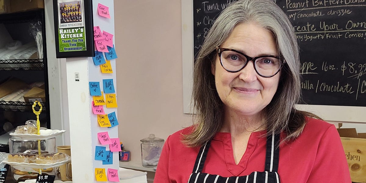 Rebecca Coffin owns Hailey's Kitchen Cafe & Bakery in Windham, Maine. She worried about the local community not being able to afford food.