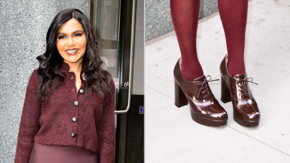 Mindy Kaling gave the office core trend a hint of colorful sheen in Gianvito Rossi’s Vicky oxford pumps with a tonal fall look in New York on Tuesday.