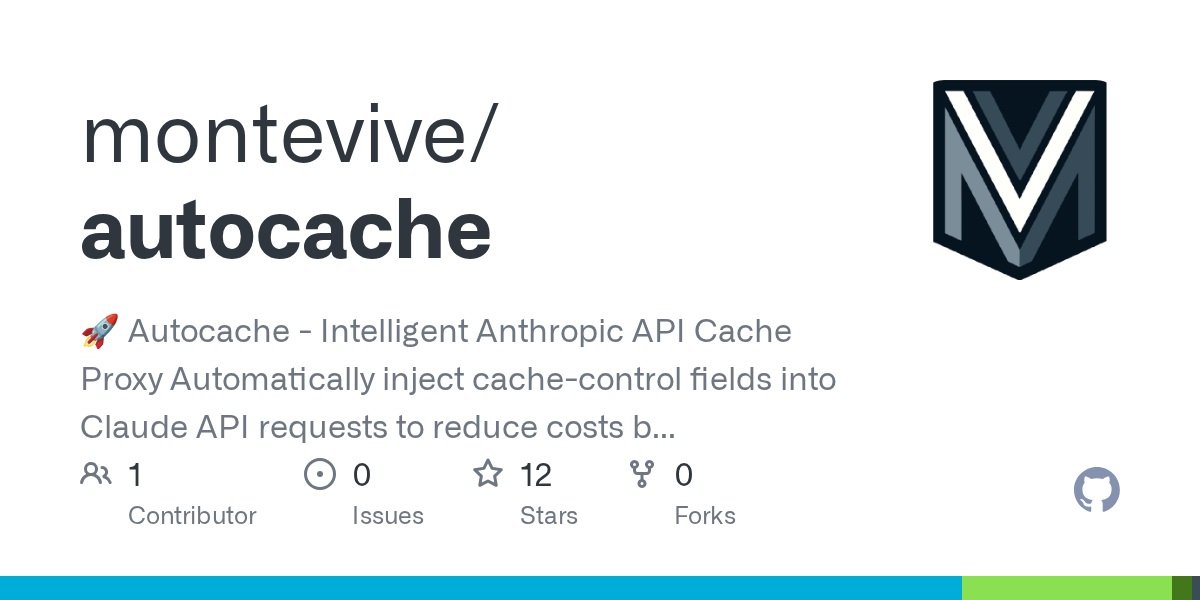  Autocache - Intelligent Anthropic API Cache Proxy   Automatically inject cache-control fields into Claude API requests to reduce costs by up to 90% and latency by up to 85%. Works as a transparen...