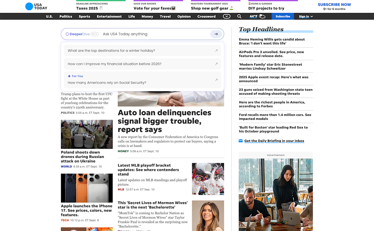 Gannett, USA TODAY’s parent company, implemented generative AI engine DeeperDive for USA TODAY’s audience.