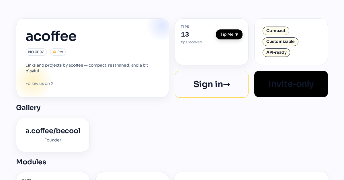 Compact, restrained bento-style portfolio with a simple support link.