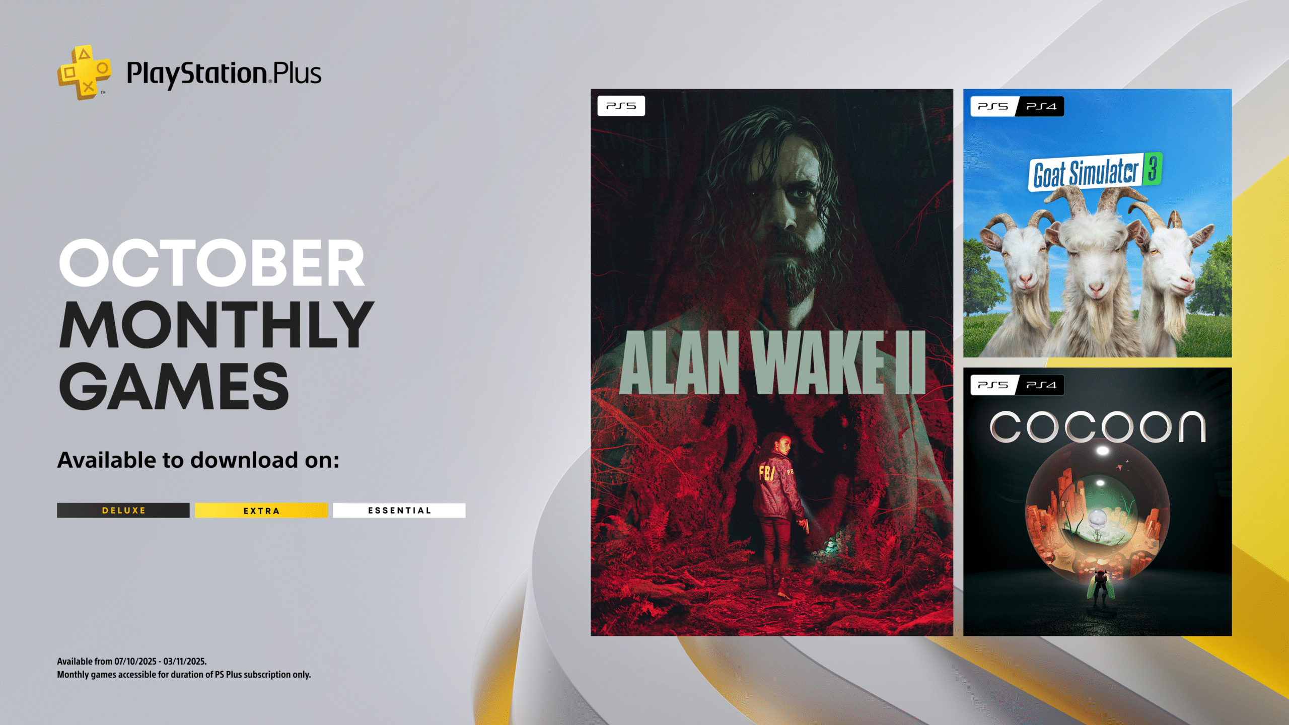 Delve into a psychological survival horror, play as the GOAT, and puzzle out worlds within worlds with the PlayStation Plus Monthly Games lineup for October.  Alan Wake 2, Goat Simulator 3, Cocoon will be available to PlayStation Plus members from Tuesday Oct…