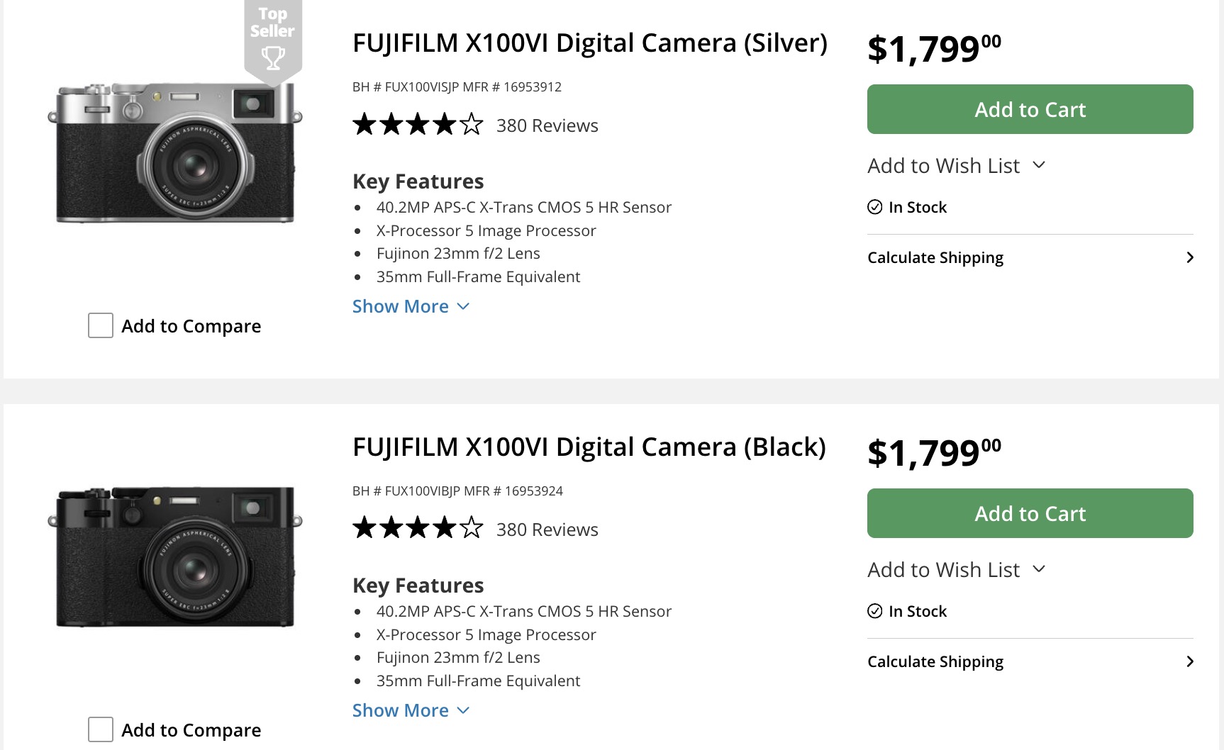 The Fujifilm X100VI is now in stock in both colors at BHphoto. Last time we saw it in stock was on Ocotber 16, and it sold out… guess when? On October 16 :) BHphoto has also both X-E5 color bodies in stock. Fujifilm X100VI BHphoto (black & silver) / Amazon (b…