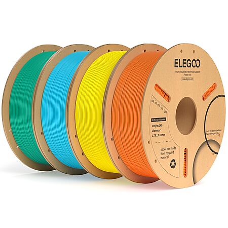 Several 4-spool bundles of Elegoo filament are on sale on Amazon. The following PLA and PETG bundles are $39.99 each, there's also TPU 95A for $49.99. 
 
4x 1kg PLA+ orange, yellow, sea green, sky...