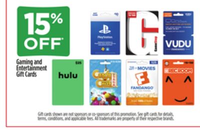 Dollar General offers 15% off select gaming and entertainment gift cards, available for in store purchase, 11/30 - 12/6.

Available:Playstation
Gamestop
Vudu
Hulu
Candy Crush
Fandango
Rec Room

See we