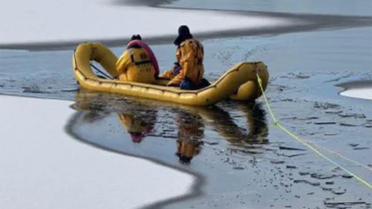 The dog fell through the frozen surface of Canobie Lake in New Hampshire over the weekend.