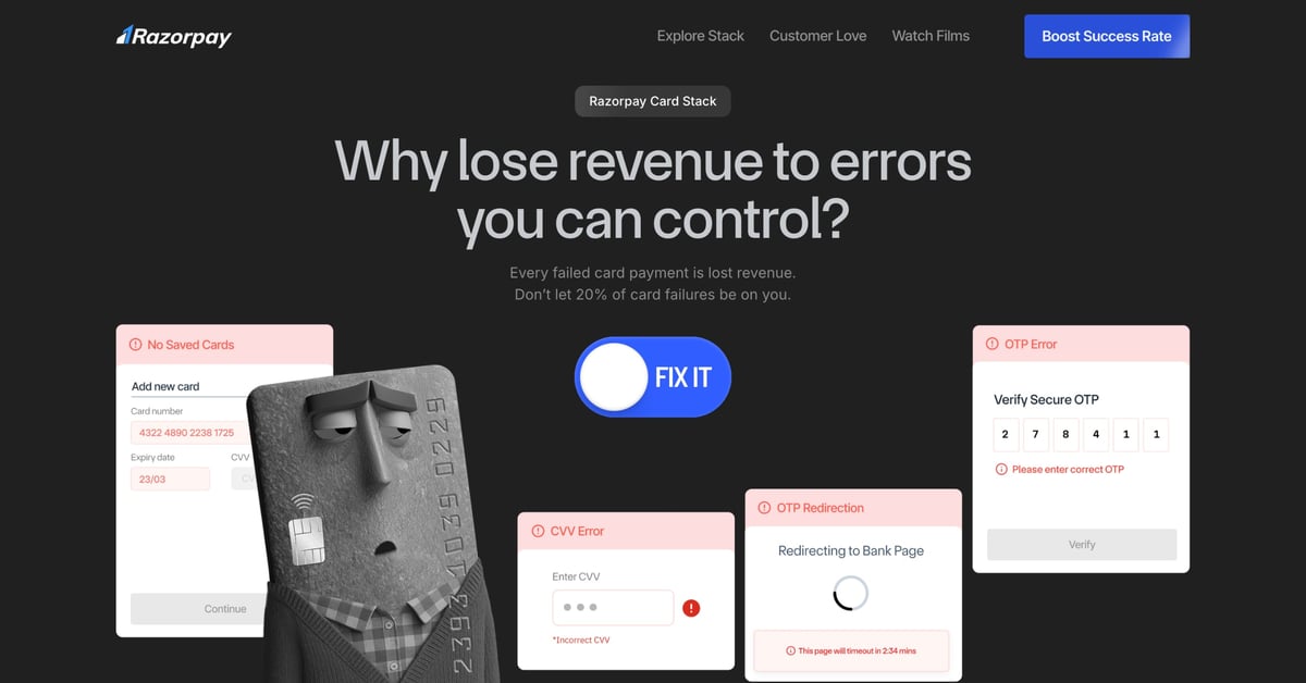 Unique hero toggle concept in this One Pager (built with Framer) promoting the Razorpay Card Stack. You arrive at a depressing graveyard of errors and the toggle lights up the mood, improves infrastructure and increases conversions by 10%. Full Review