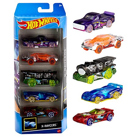 Race into a Hot Wheels collection with a 5-pack of 1:64 scale vehicles..
Each die-cast toy car or truck features authentic details that kids and collectors love.
Five-packs have cool themes like X-Ray
