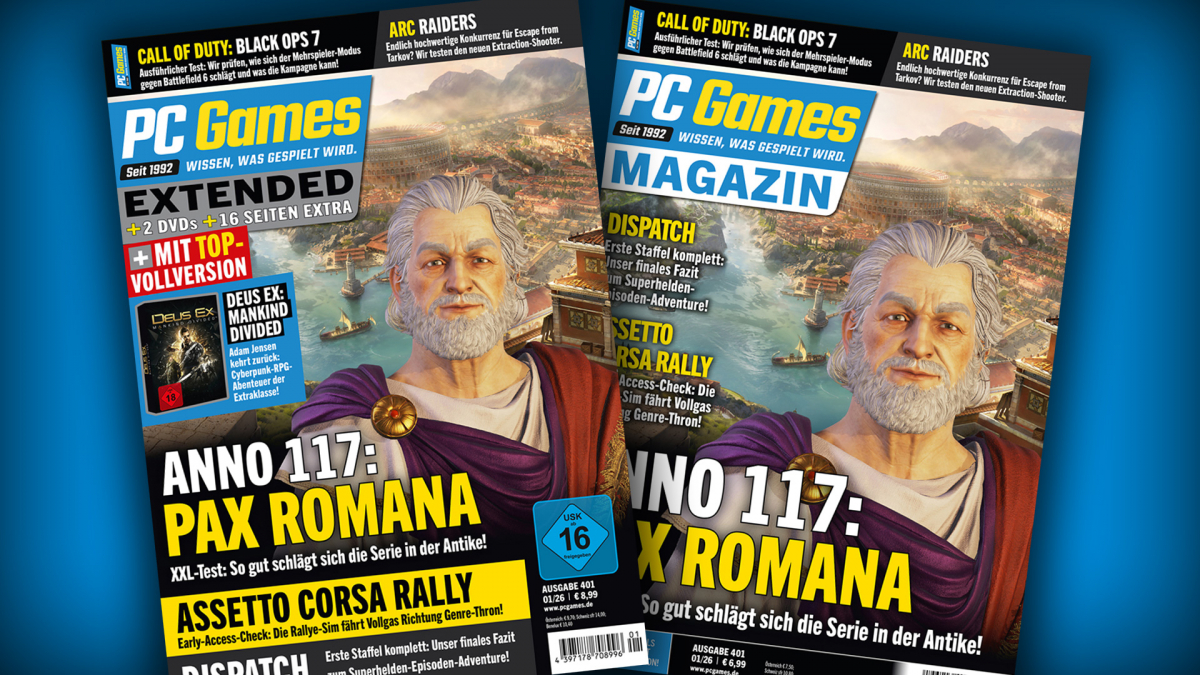 Die neue PC Games 01/26 ist da! Mit großer Coverstory zu Anno 117: Pax Romana. Außerdem: Tests zu ARC Raiders, Call of Duty: Black Ops 7, Dispatch, Project Motor Racing, Early-Access-Check zu Assetto Corsa Rally u. v. m.