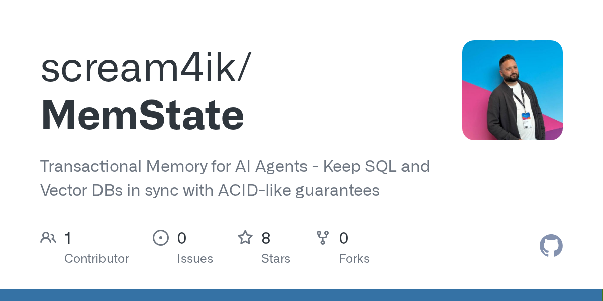 I wanted to share MemState, an open-source library I've been building for strict agent state management.It acts as a Git-like layer for Python agents: unlike standard vector memory, it enforces Pydantic schemas and supports transactional rollbacks (Time Trave…