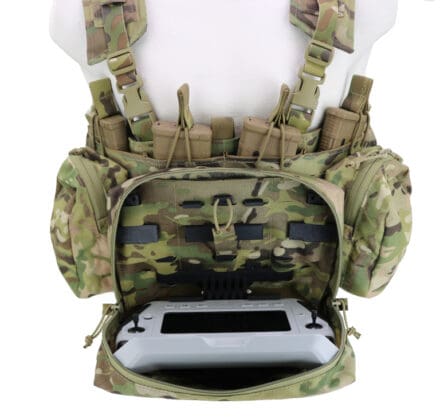 The (DCMP) DRONE CONTROLLER MOUNT/POUCH is designed to allow a tactical uncrewed drone operator an easy and effective way to carry and protect a drone radio controller while supporting short range reconnaissance operations.  Made to fit on the front of a ches…