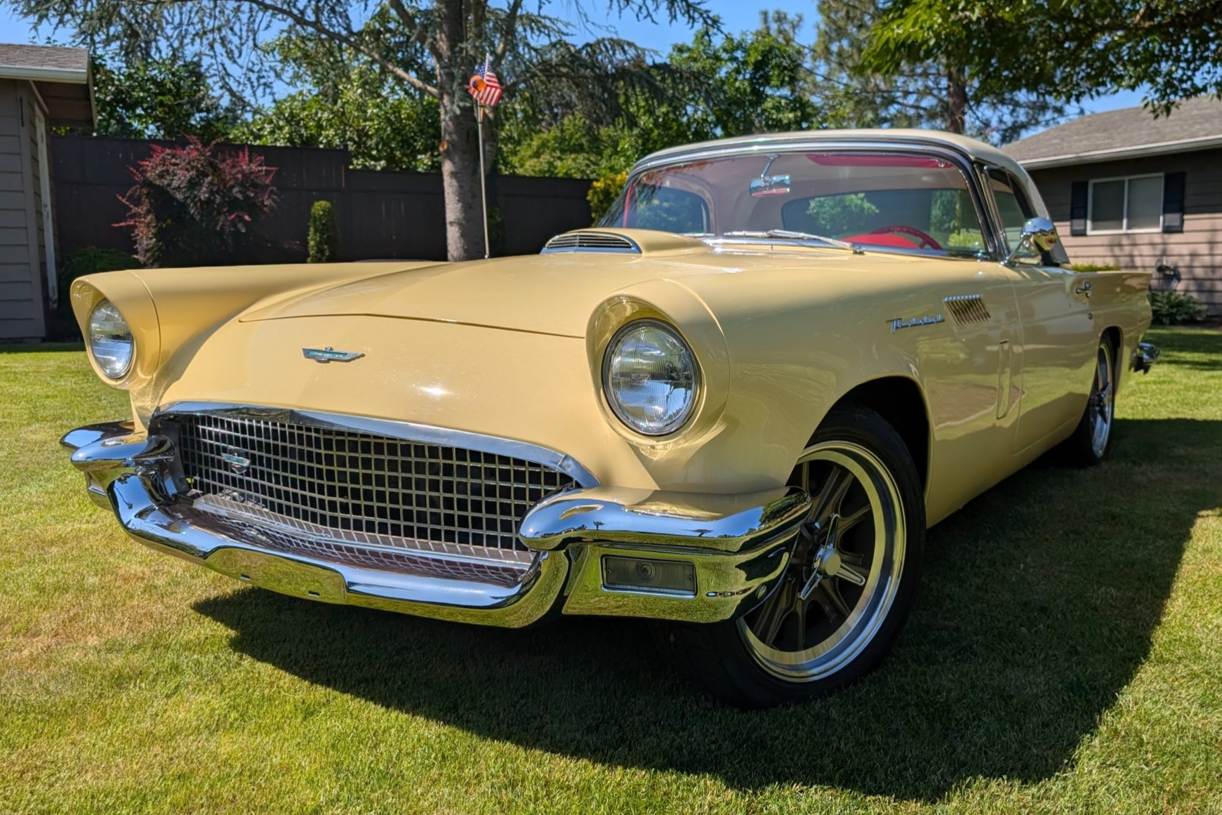 This 1957 Ford Thunderbird is said to have been parked from the 1990s until the seller's acquisition in January 2015, and a subsequent three-year refurbishment involved refinishing the exterior in gold, a color change of the interior to red, and resealing the…