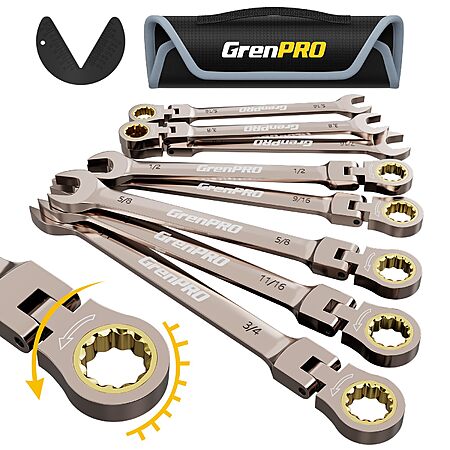 GREN PRO via Amazon.com has Flex Head Ratcheting Wrench Set, 9PCS Combination Wrench Sets, SAE Wrenches Set 5/16"-3/4", Large Open End Socket Wrench Roll Organizer With Gauge, 72 Tooth Nickel Plating...