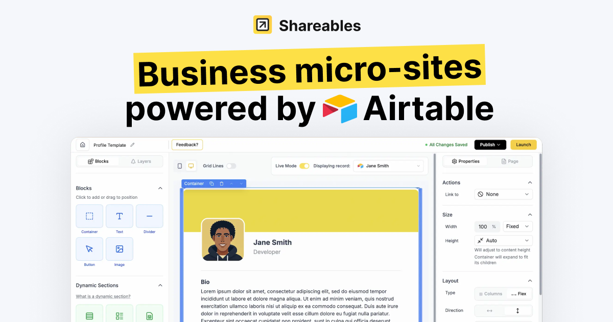 Hey HN,1 year ago I shared the project I'd build, Shareables. A tool to connect Airtable to visual templatesOver the last year, I've been inspired by the use cases people have for Airtable. I've seen food truck directories, pet medical logs, you name it.I'm e…