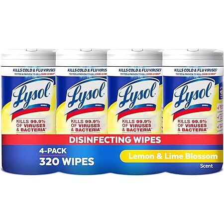 Amazon [amazon.com] has *4-Pack 80-Count Lysol Disinfectant Wipes *(Lemon & Lime Blossom) 5 for $50.55 - $15 (multibuy discount) - 5% when you check out via Subscribe & Save = *$33.02*. 
*Shipping is...
