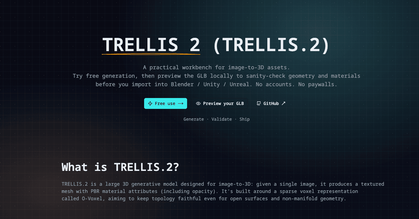 Trellis 2 is a new image generation model, but I found it surprisingly hard to quickly try, compare prompts, or understand what it’s good at without digging through docs or code.So I built a small, fast site that focuses on one thing: letting people experimen…