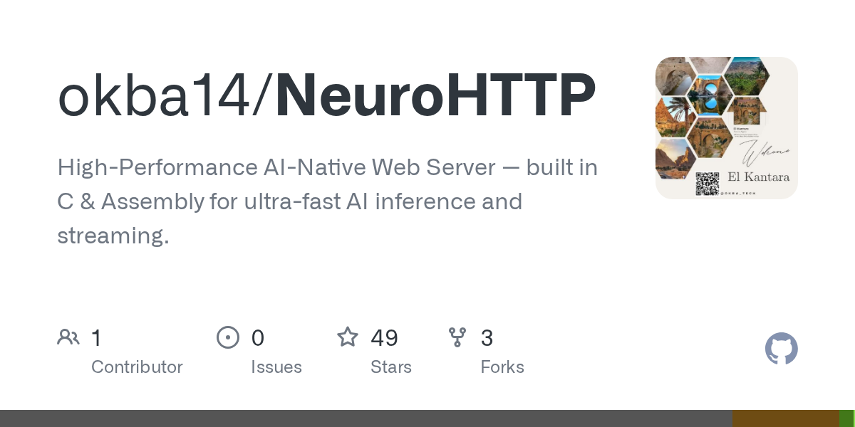 High-performance, AI-native server built from scratch in C + Assembly — handles heavy AI payloads with minimal latency.

Comments URL: https://news.ycombinator.com/item?id=46617047
Points: 1
# Comments: 0