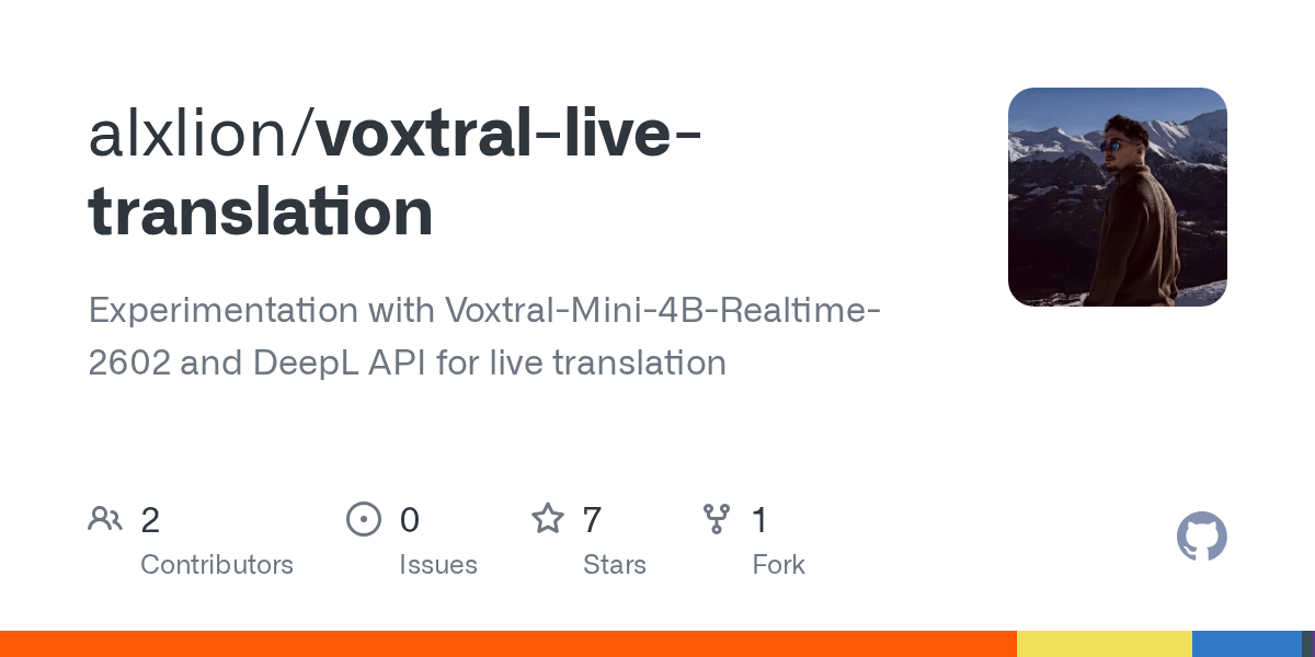 This experimental project transcribes and translates speech in real time using Mistral's new Voxtral realtime API and DeepL (https://huggingface.co/mistralai/Voxtral-Mini-4B-Realtime-26...)It currently supports 11 languages: French, English, Chinese, Spanish,…