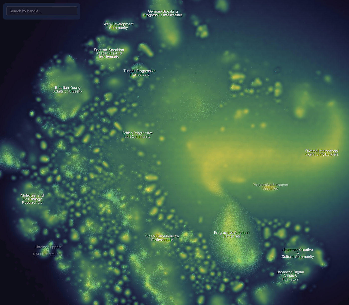 Theo Sanderson visualized the network of 3.4 million Bluesky users, placed by follow patterns. It is searchable and interactive. If you zoom in close enough, you can find our tiny pocket of data vi…