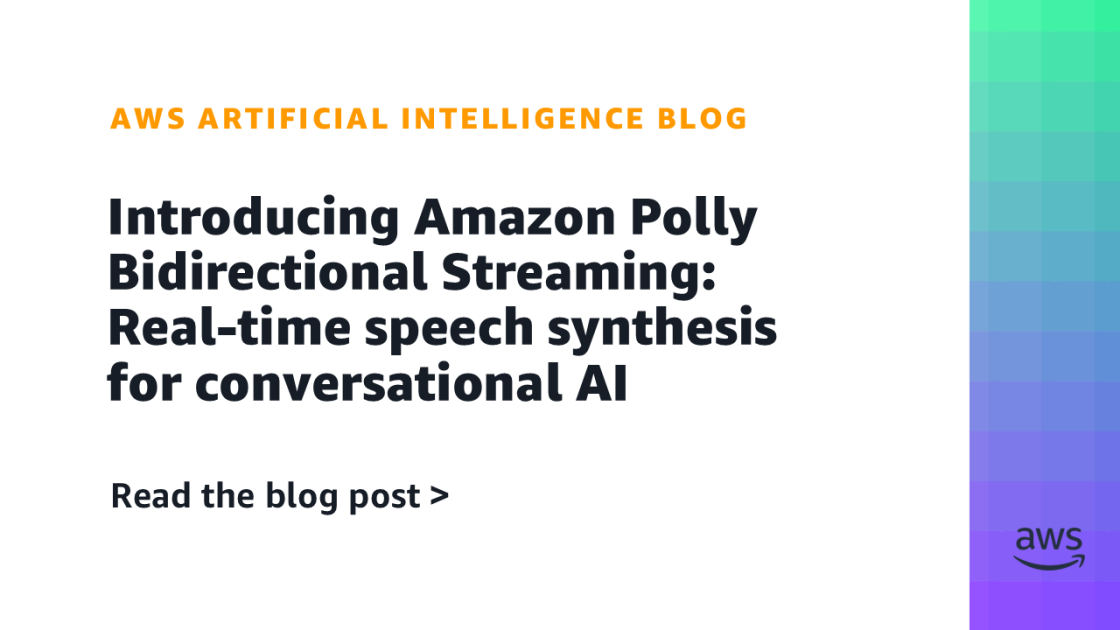 Today, we’re excited to announce the new Bidirectional Streaming API for Amazon Polly, enabling streamlined real-time text-to-speech (TTS) synthesis where you can start sending text and receiving audio simultaneously. This new API is built for conversational …