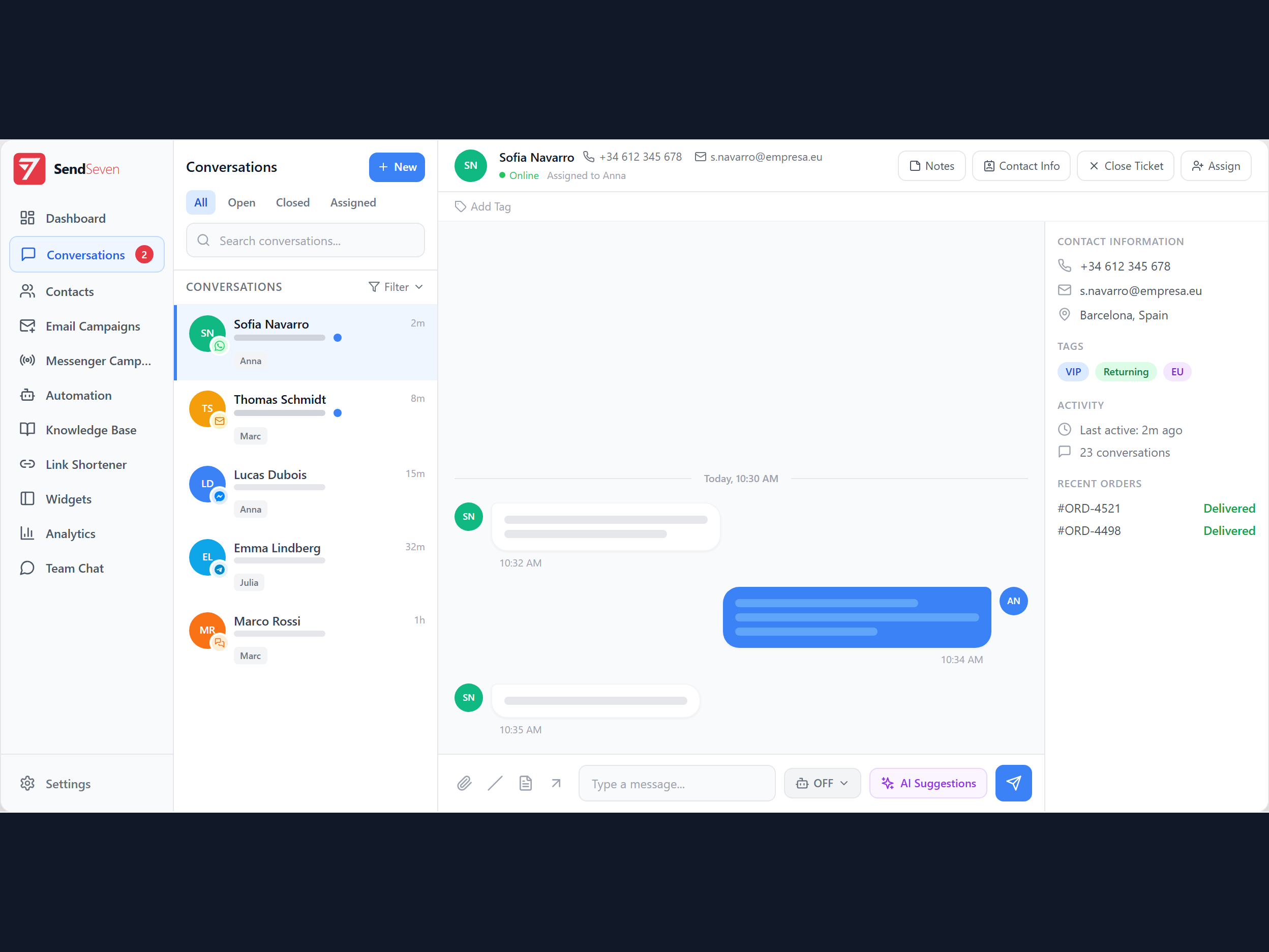 Run campaigns and handle customer chats across seven channels with AI