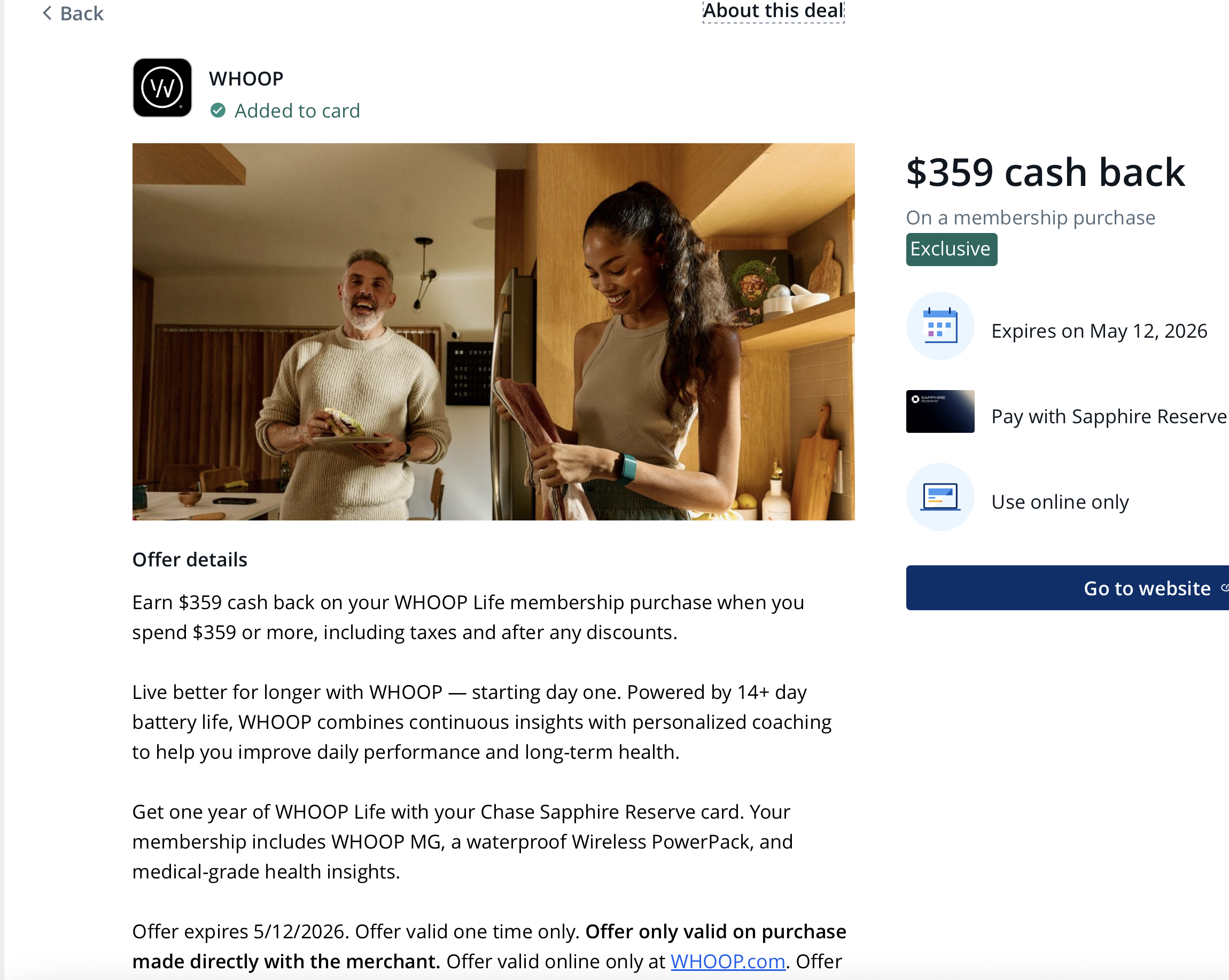 Activate the Chase Offer on your Sapphire Reserve card: Earn $359 cash back on your WHOOP Life membership purchase when you spend $359 or more. Free one year subscription and band