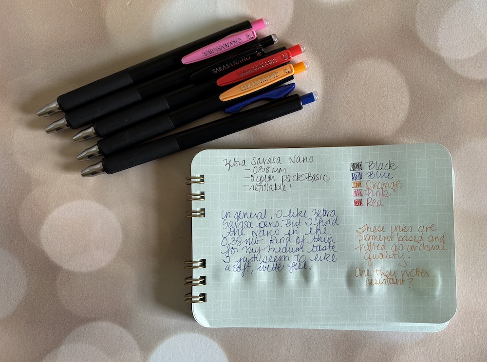Last time I wandered through JetPens to try ALL the gel pens, I picked up a pack of Zebra Sarasa Nano .038mm pens&nbsp;(5 Color Set – Basic for $12.50). The set is what it says – a basic set, but I love that it includes orange and pink in addition to red/blue/blac…