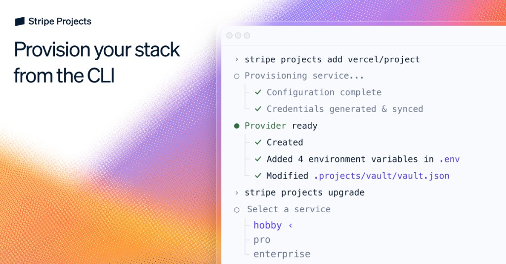 Set up hosting, databases, auth, AI, observability, analytics, and more from the CLI. Stripe Projects gives developers and coding agents a reliable way to provision real services, manage credentials, and keep track of usage across the stack.