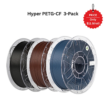 The Hyper PETG-CF 3-Pack (pick any three colors) is currently on sale for $35.97 at the Creality store. You can get an additional 5% off with code PETGCF5 from the Creality Blog [creality.com] that br