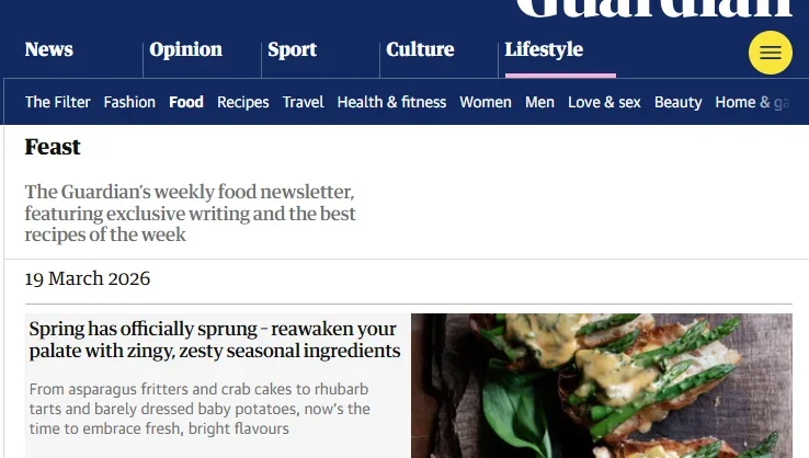 Charlotte Tobitt / Press Gazette:
The Guardian begins cross-publishing its Feast food newsletter, which has 100K+ subscribers, to Substack, as part of its Project Berger platform strategy&nbsp; —&nbsp; Weekly Feast newsletter to be cross-posted to Substack in bid for n…