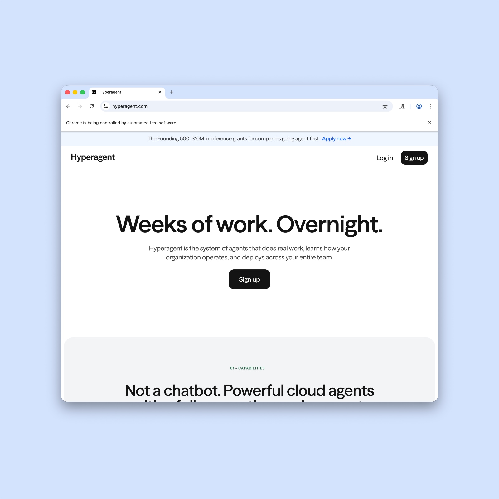 Hyperagent by Airtable is an AI agent platform that runs on stark type, a single input bar, and real work output — no diagrams, the product speaks first.
The homepage opens with a black serif headline...
