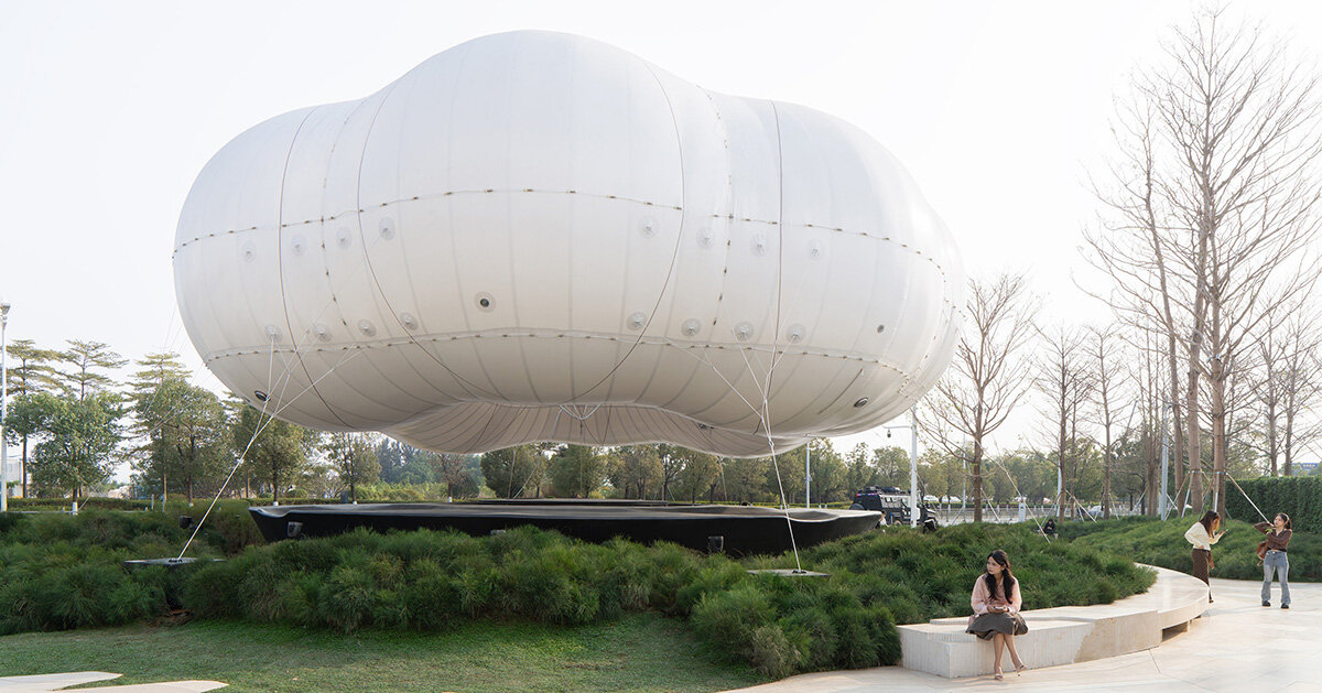 the kinetic installation slowly rises, descends, and emits mist throughout the day, transforming a commercial development into an immersive narrative environment.
The post PILLS lets soft cloud-like structure drift above china using inflatable membrane techno…