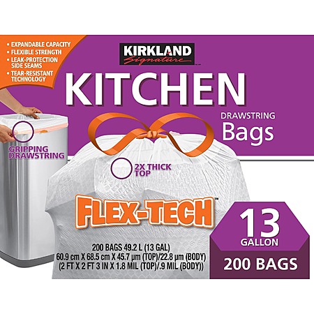 Select Costco Wholesale Stores (link for reference only) have for their Members: 200-Count 13-Gallon Kirkland Signature Flex-Tech Kitchen Trash Bags (Unscented, Item 1089787) on sale for $15.99 valid