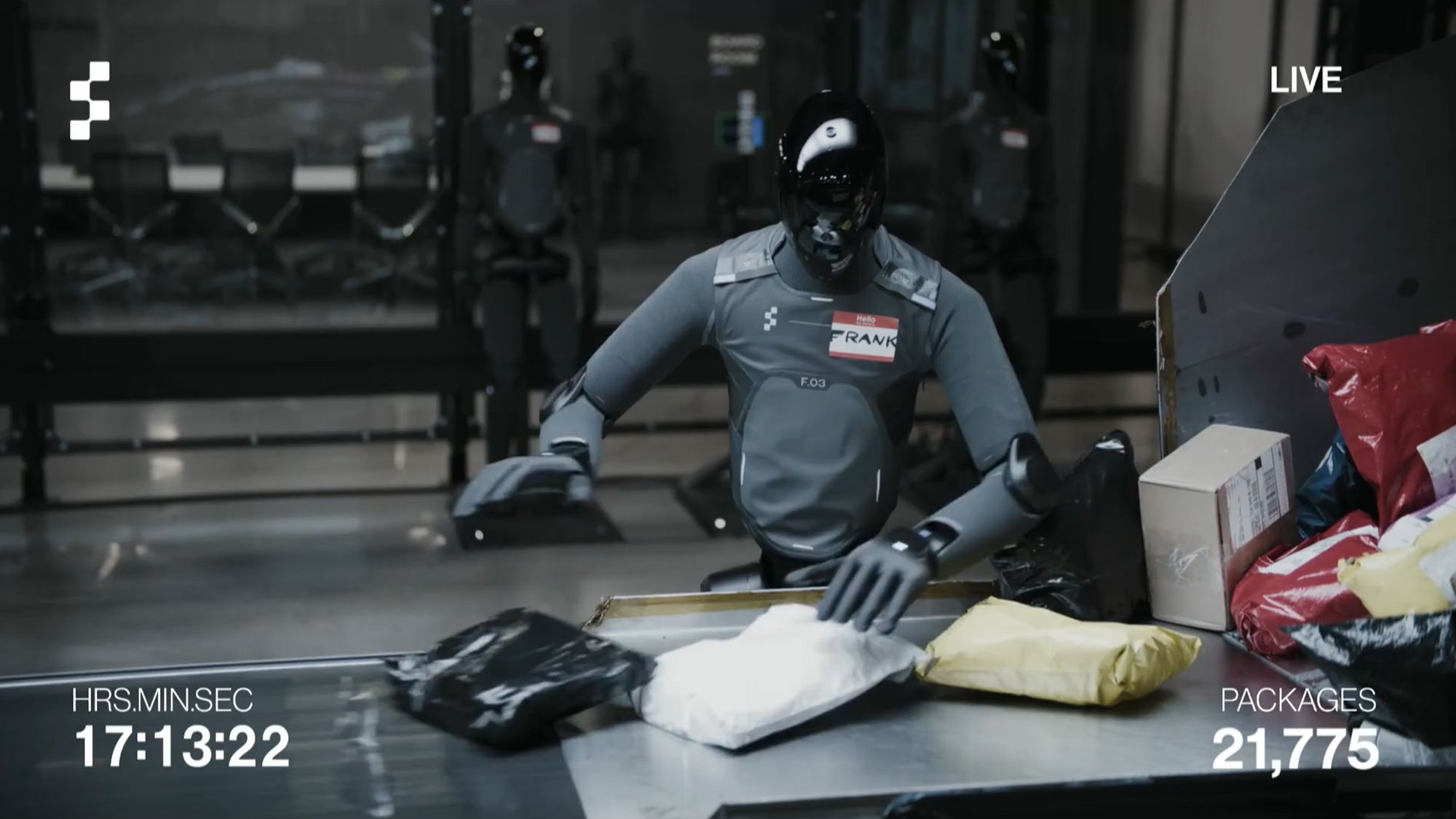 Watch three Figure 03 robots take turns sorting through packages on a conveyor belt, at speeds similar to humans.
