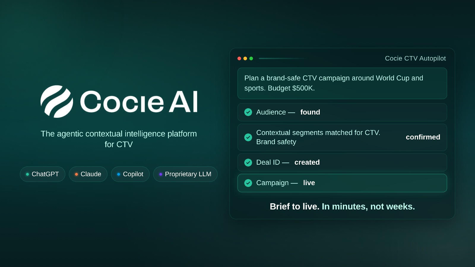 Cocie AI today (12th May, 2026) launches Cocie CTV Autopilot, an agentic contextual intelligence platform that turns a single buyer brief into a live, show-level targeted CTV campaign in minutes. Built for streaming TV from day one, the platform is [...]
The …