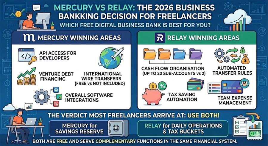 Mercury vs Relay bank for freelancers in 2026 - honest comparison of fees, savings rates, cash flow tools, integrations, and which is better for your situation.