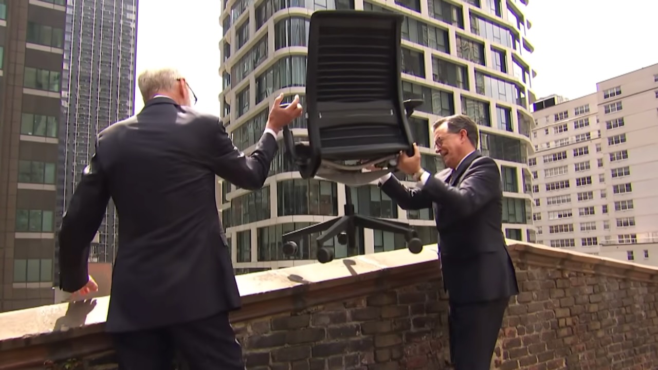 Reprising a legendary bit from Letterman's time as host of The Late Show.
Letterman and Colbert Toss Late Show Furniture Off the Roof of Ed Sullivan Theatre
Alex Young