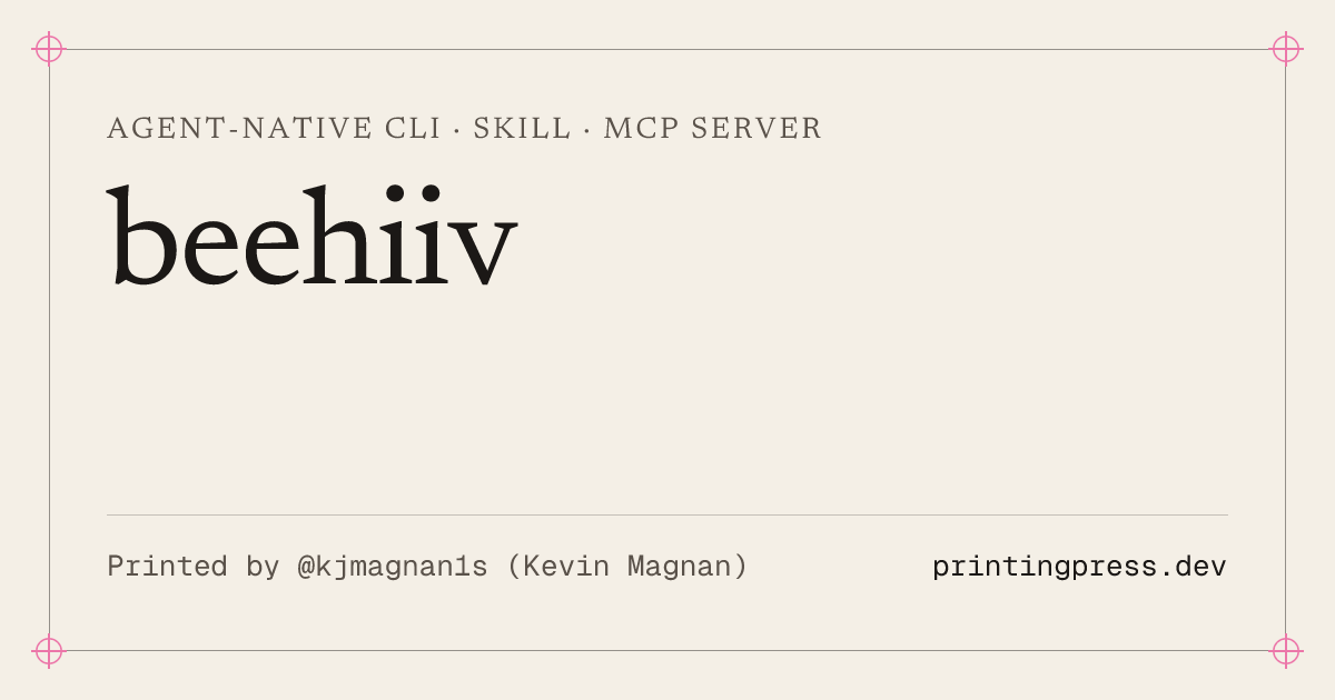 Manage beehiiv publications, subscribers, segments, posts, automations, and newsletter analytics from the terminal. An agent-native CLI, agent skill, and MCP server for beehiiv — install with one command.