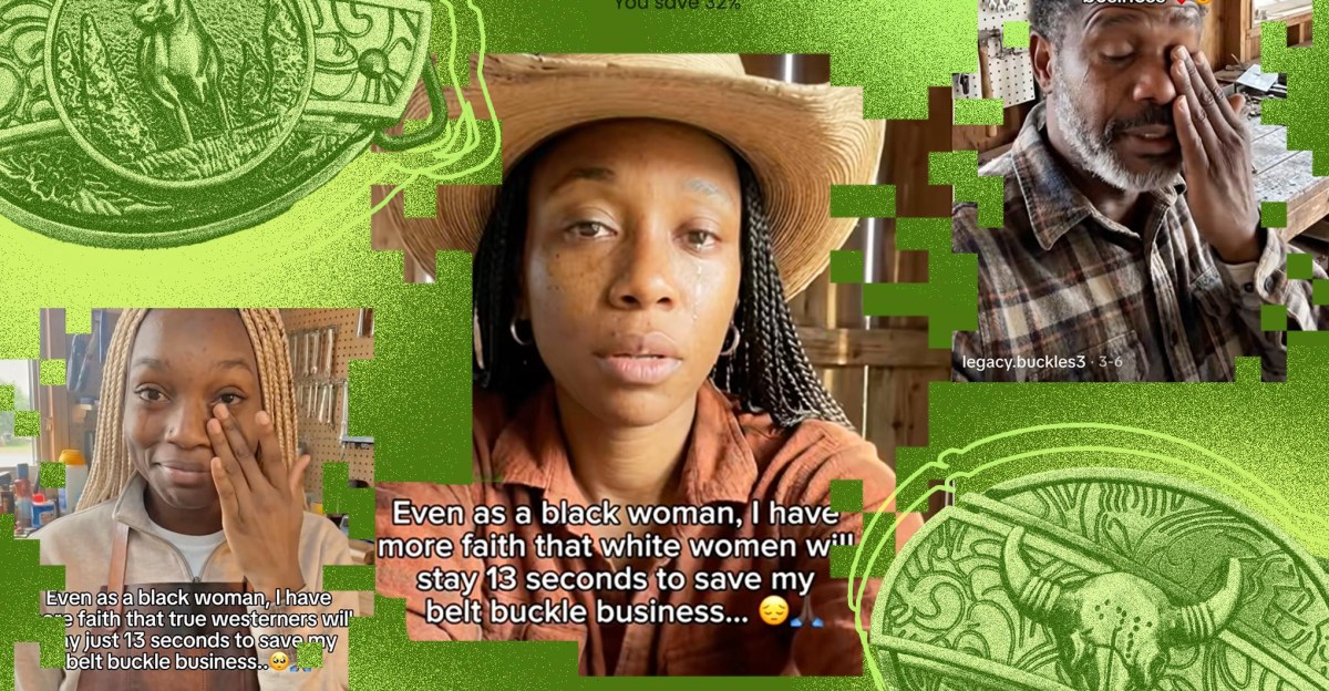 Aliyah, a light-skinned Black woman dressed in country-western gear, is struggling to sell metal buckles she handmade on TikTok. In a video for the social media platform from March, she cries to the camera and pleads for views: "Even as a black woman, I have …