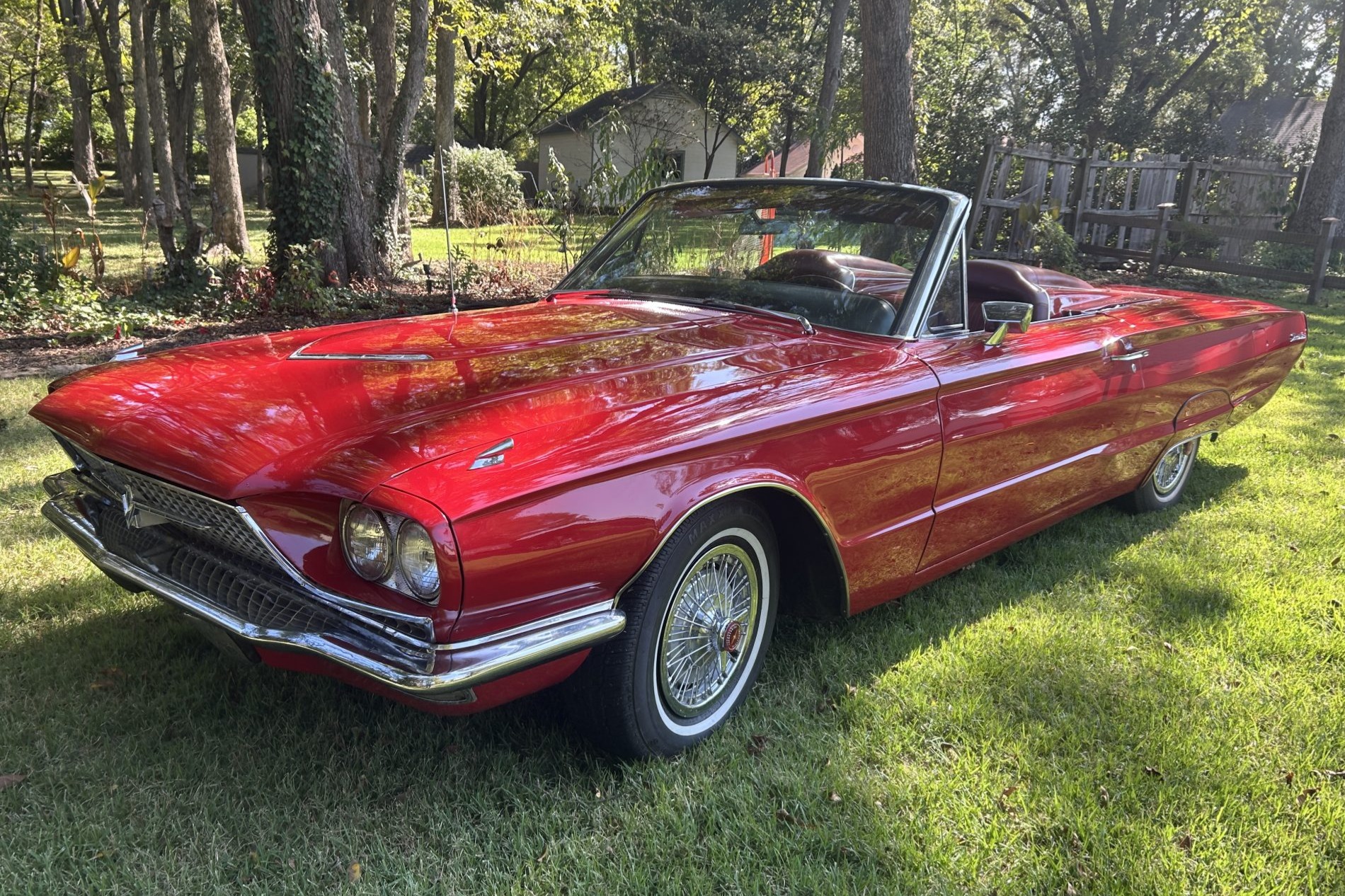This 1966 Ford Thunderbird convertible was originally specified in Candyapple Red with a red interior, a 390ci V8, and a Cruise-O-Matic three-speed automatic transmission. It was restored around 2018 and was listed by the seller on BaT in October 2025 after t…